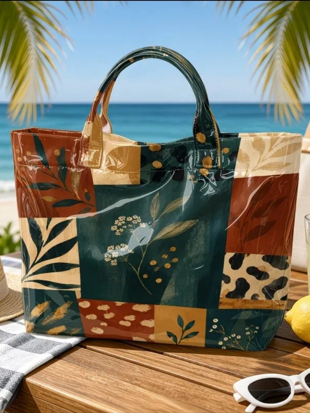 Women Leaf Print Patchwork Big Shoulder Tote Bag